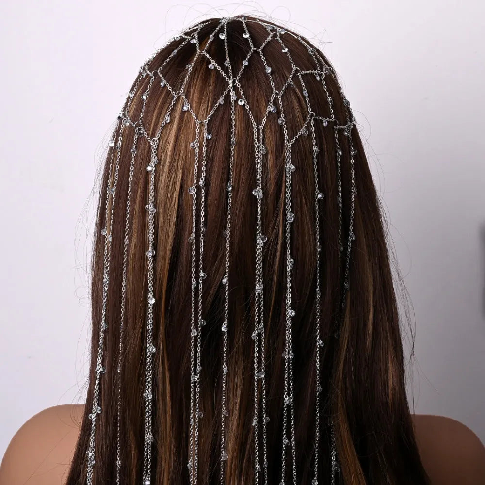 Gold metallic mesh hair band with rhinestones and chain tassel decoration