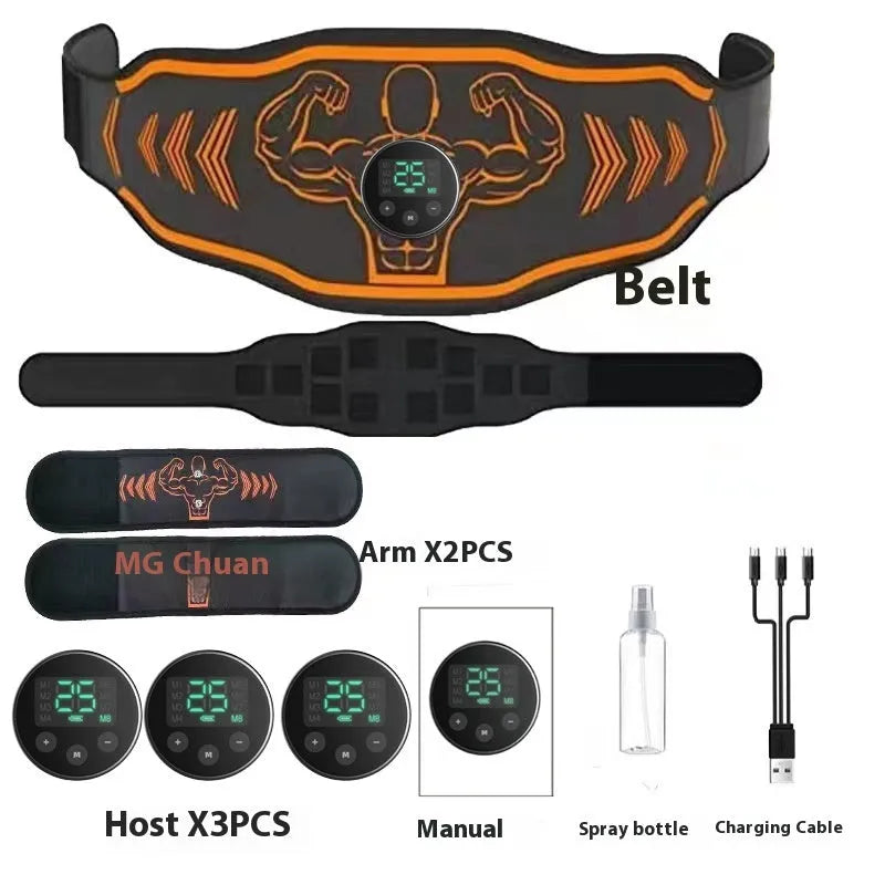 Smart EMS massage belt fitness equipment in orange and blue colours with rechargeable host and arm stickers