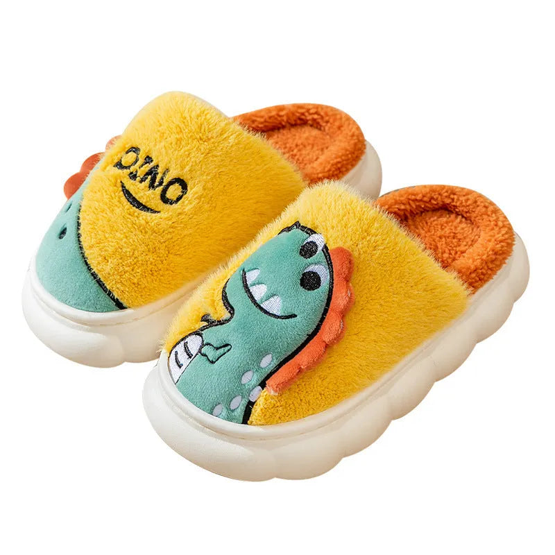 A pair of plush cotton couple slippers with dinosaur designs in coffee, grey, or orange-yellow, shown with a thickened sole.