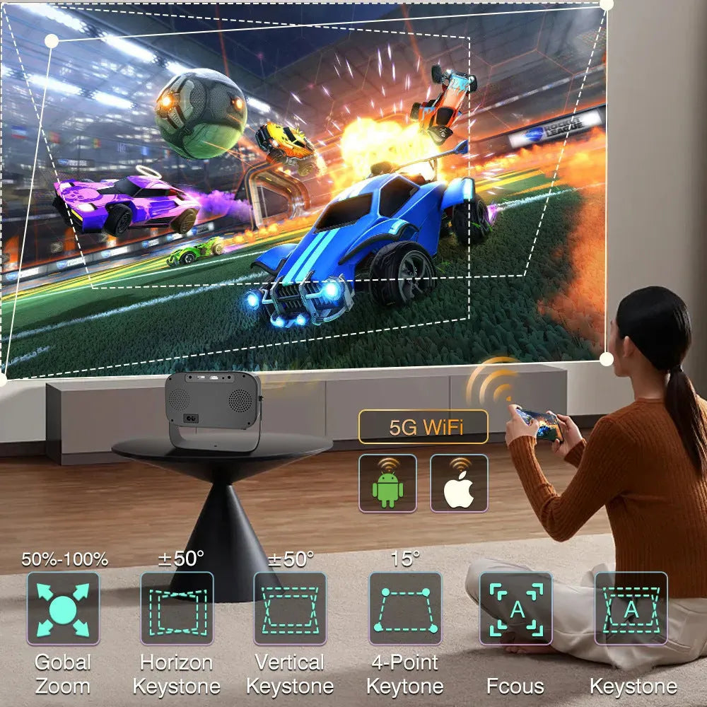 Black portable smart projector with remote control showing 720p HD resolution and Android system
