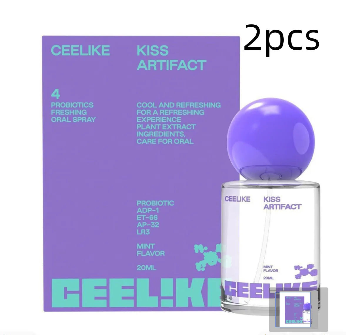 A portable 20ml bottle of probiotics oral care spray with a white pump spray head.