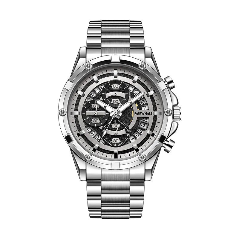 Men's waterproof luminous quartz watch with steel belt in three colour options