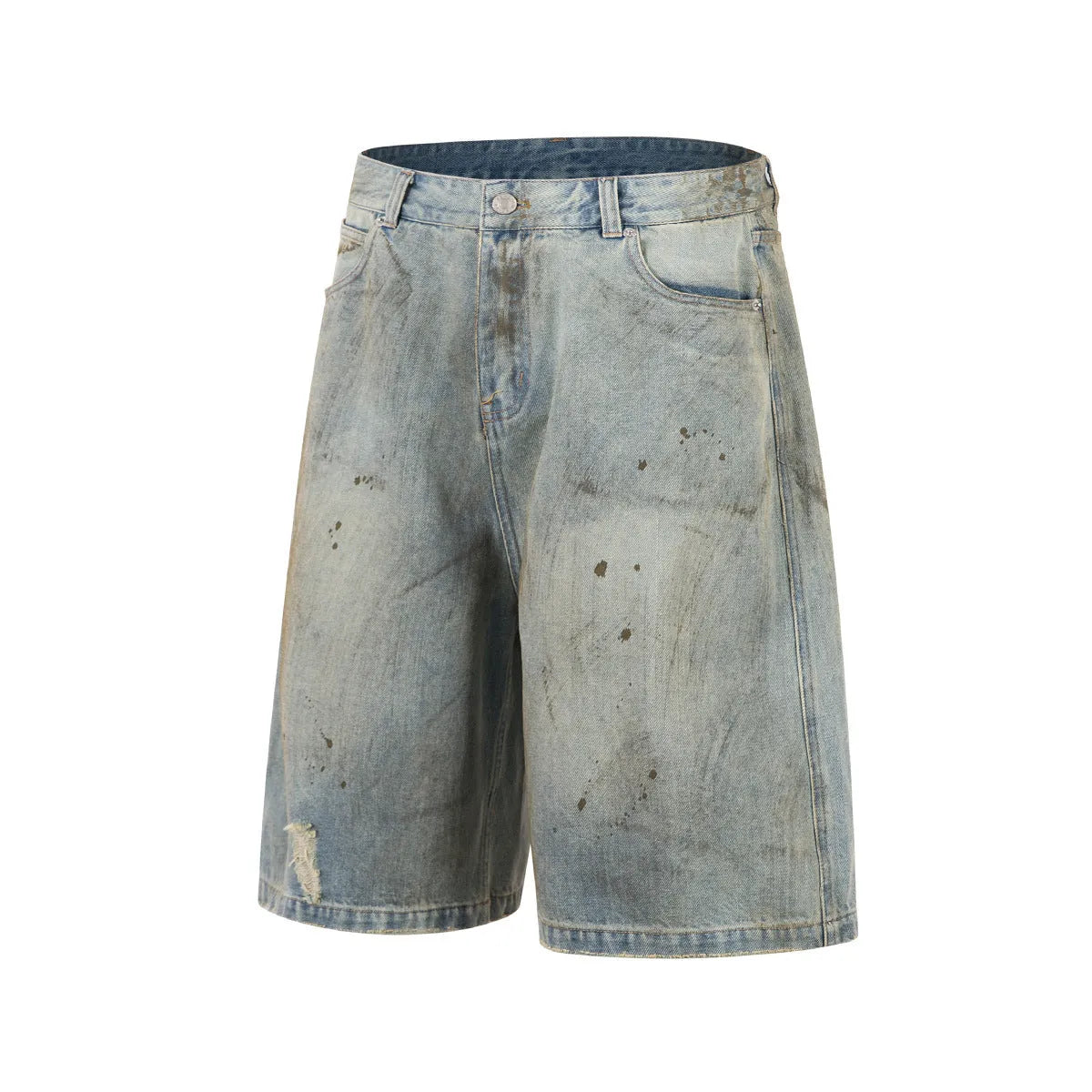 Blue washed straight-leg cropped denim trousers with zip fly closure on hanger