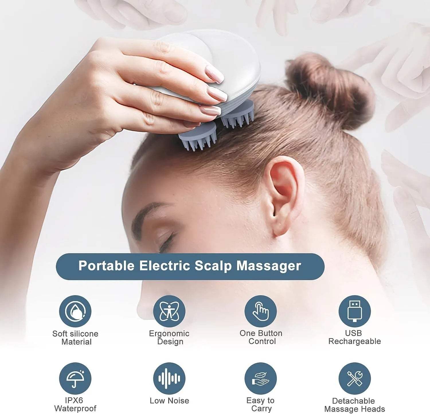 Blue handheld electric pet massager with four rotating heads for cats and dogs on a grey background.