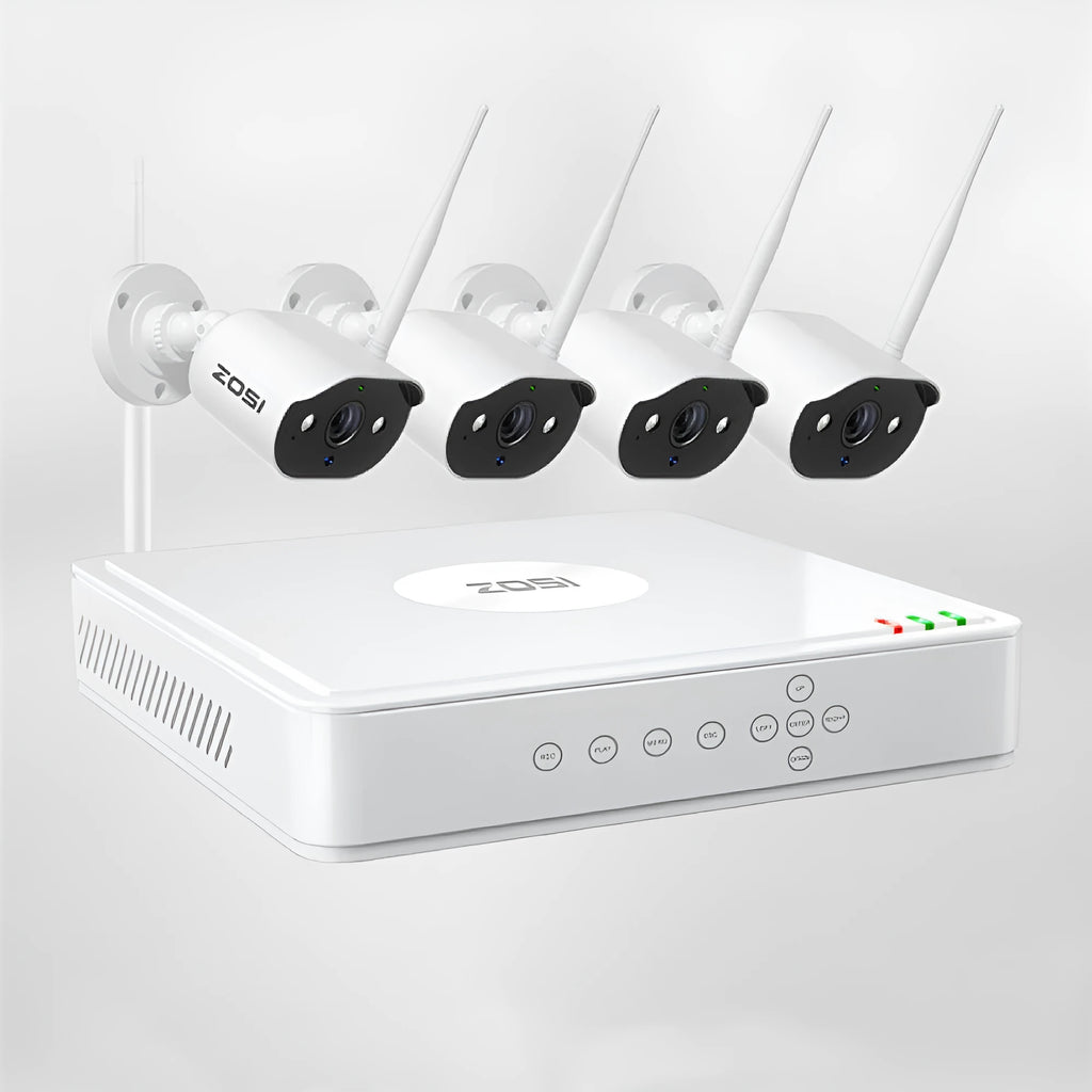 ZOSI 5MP POE security camera system with NVR, four outdoor cameras, and network components