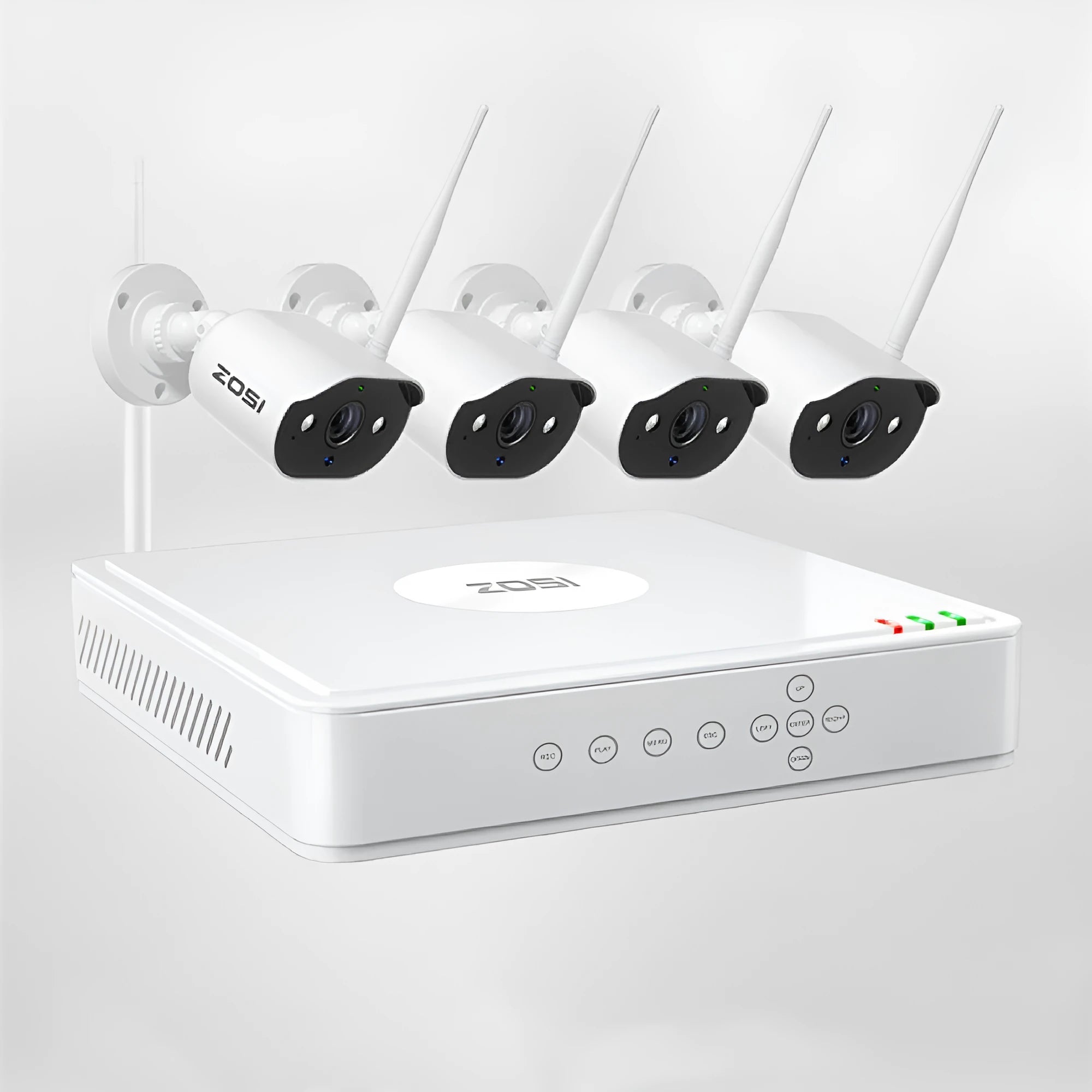 ZOSI 5MP POE security camera system with NVR, four outdoor cameras, and network components