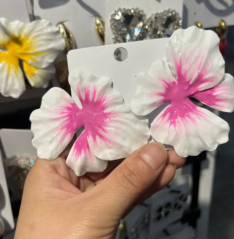 Pastoral style alloy flower stud earrings with oil-spot glaze finish in four colour variations