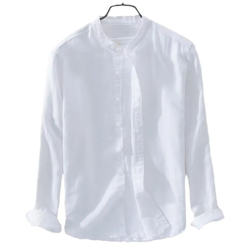 Loose casual long sleeve shirt in cotton linen fabric showing solid colour design