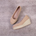Women's wedge heel pumps with thick rope platform soles and shallow cutout vamp in three colour options