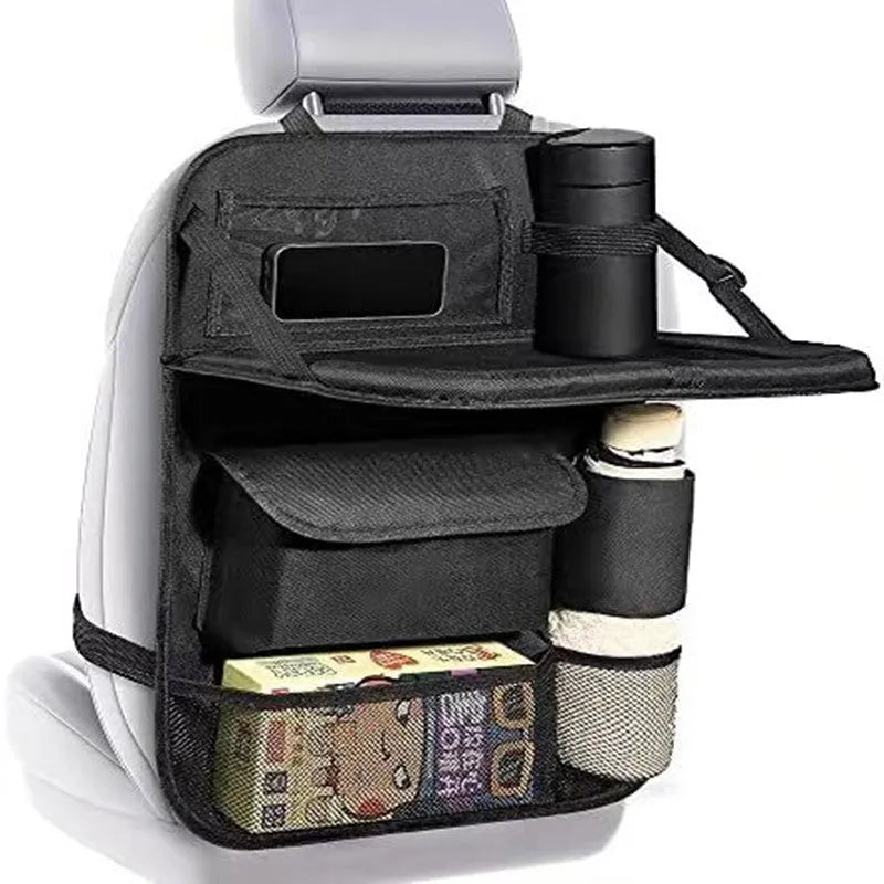 Black oxford cloth car seat back storage bag measuring 42x30cm