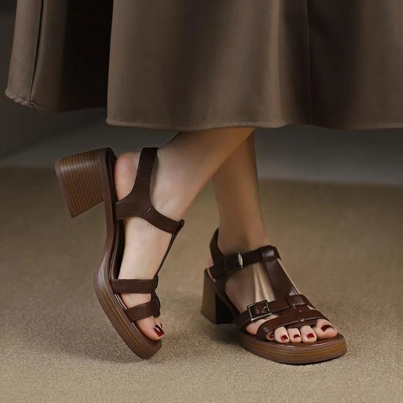 Women's black retro sandals with T-buckle and chunky platform heel