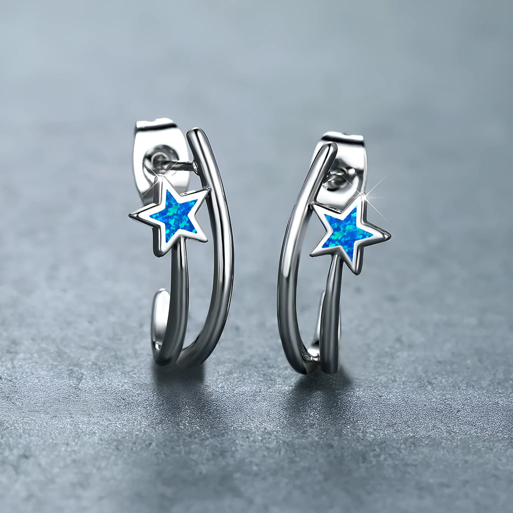 Blue opal earrings with geometric five-pointed star design in platinum blue copper electroplated finish