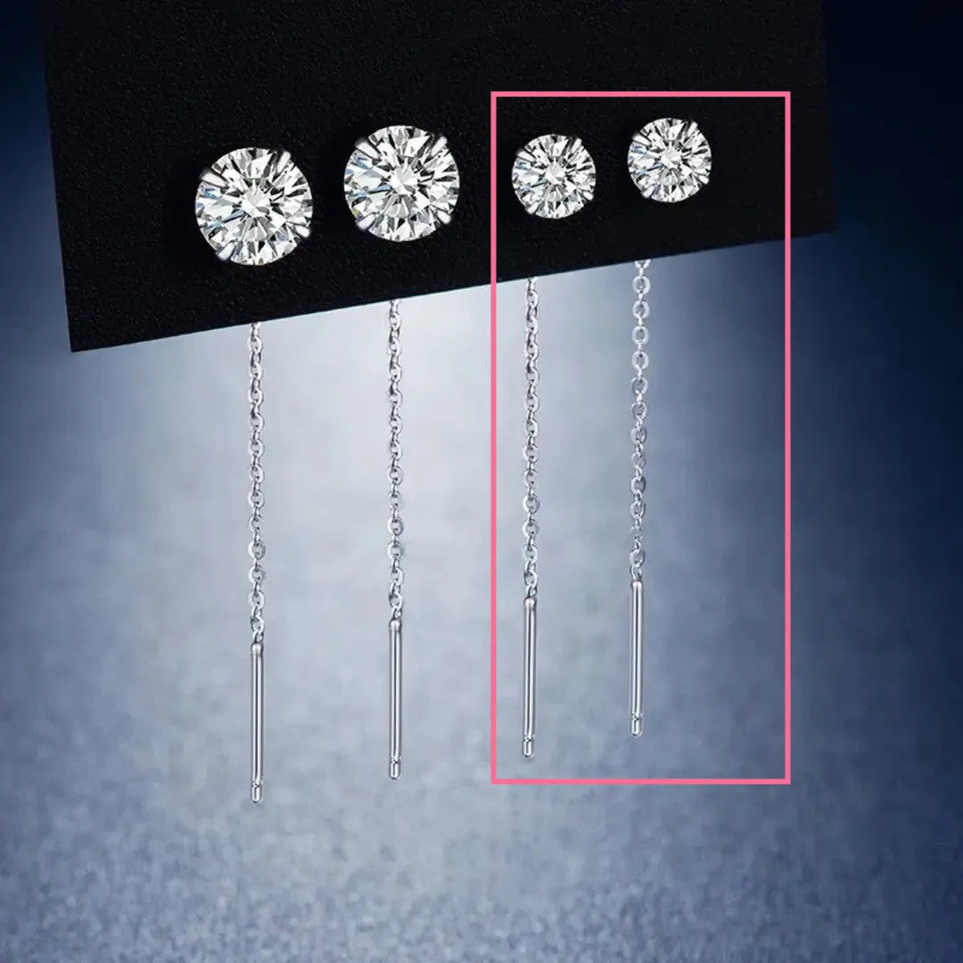 Sterling silver threaded charm earrings showing twelve design variations including pearls, zircon, clay balls, and geometric shapes