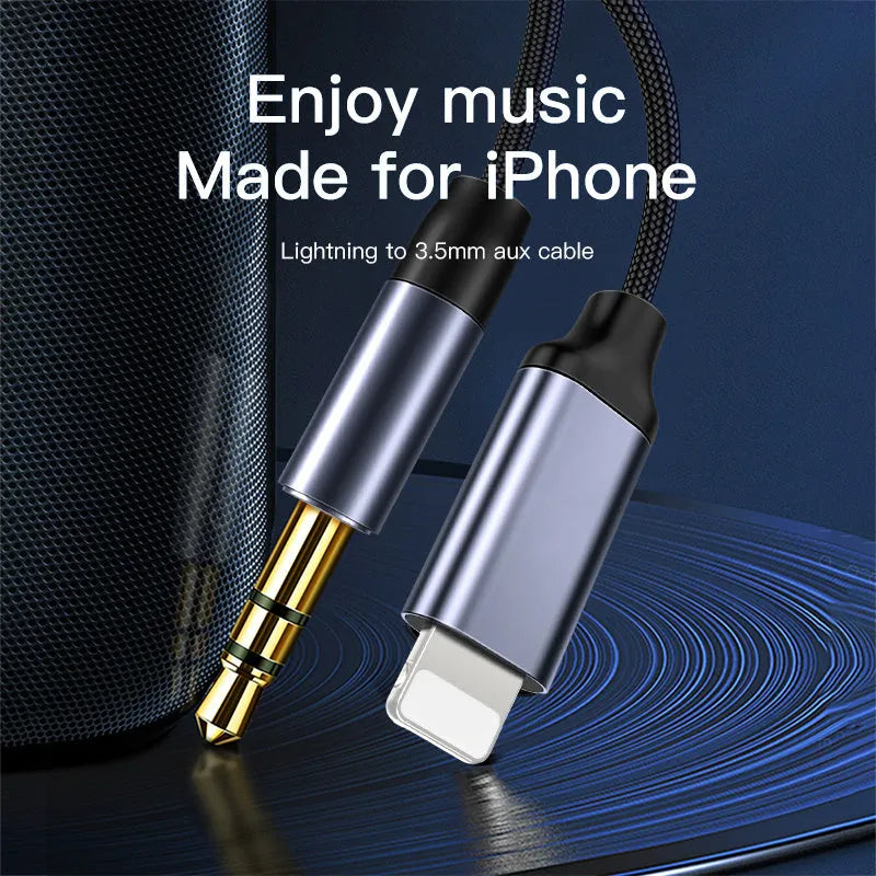 3.5mm nylon audio cable in silver and black, showing 0.5m, 1m, and 1.5m length options