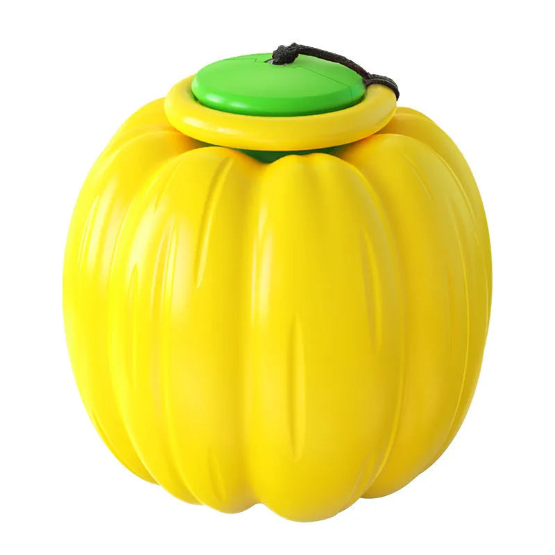 Orange plastic pumpkin-shaped dog chew toy with a squeaker, shown next to a measuring tape indicating its 68mm size.