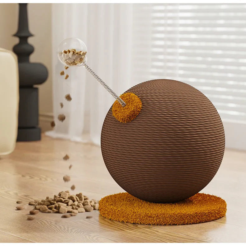 Cat scratch board with hemp rope surface, shown with either a grasping ball or tumbler toy.