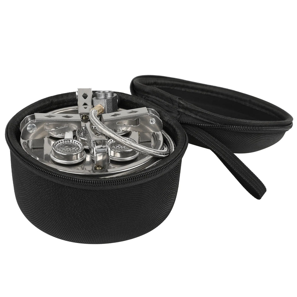 Silver portable split camping stove with extended hose shown folded and unfolded for outdoor cooking