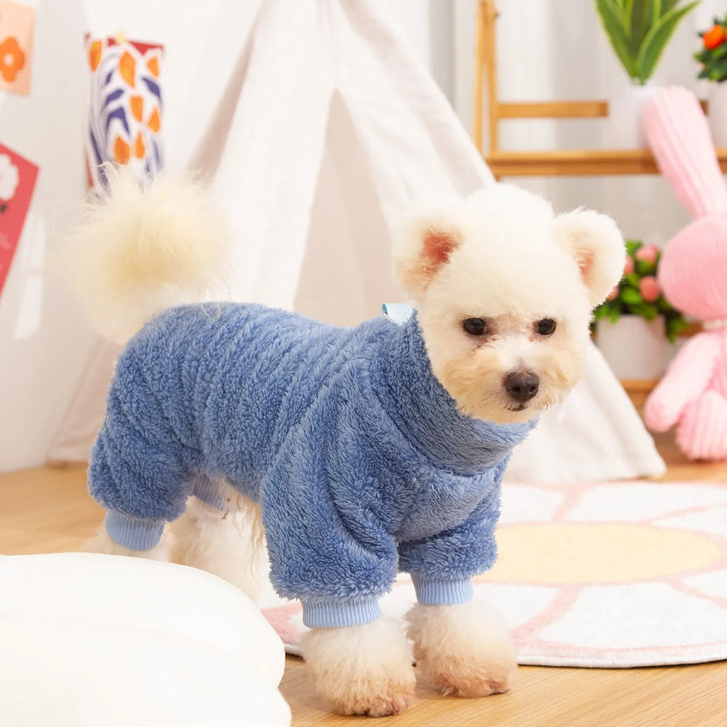 Double-sided thick plush dog clothes with high collar and towing ring in khaki pink or blue