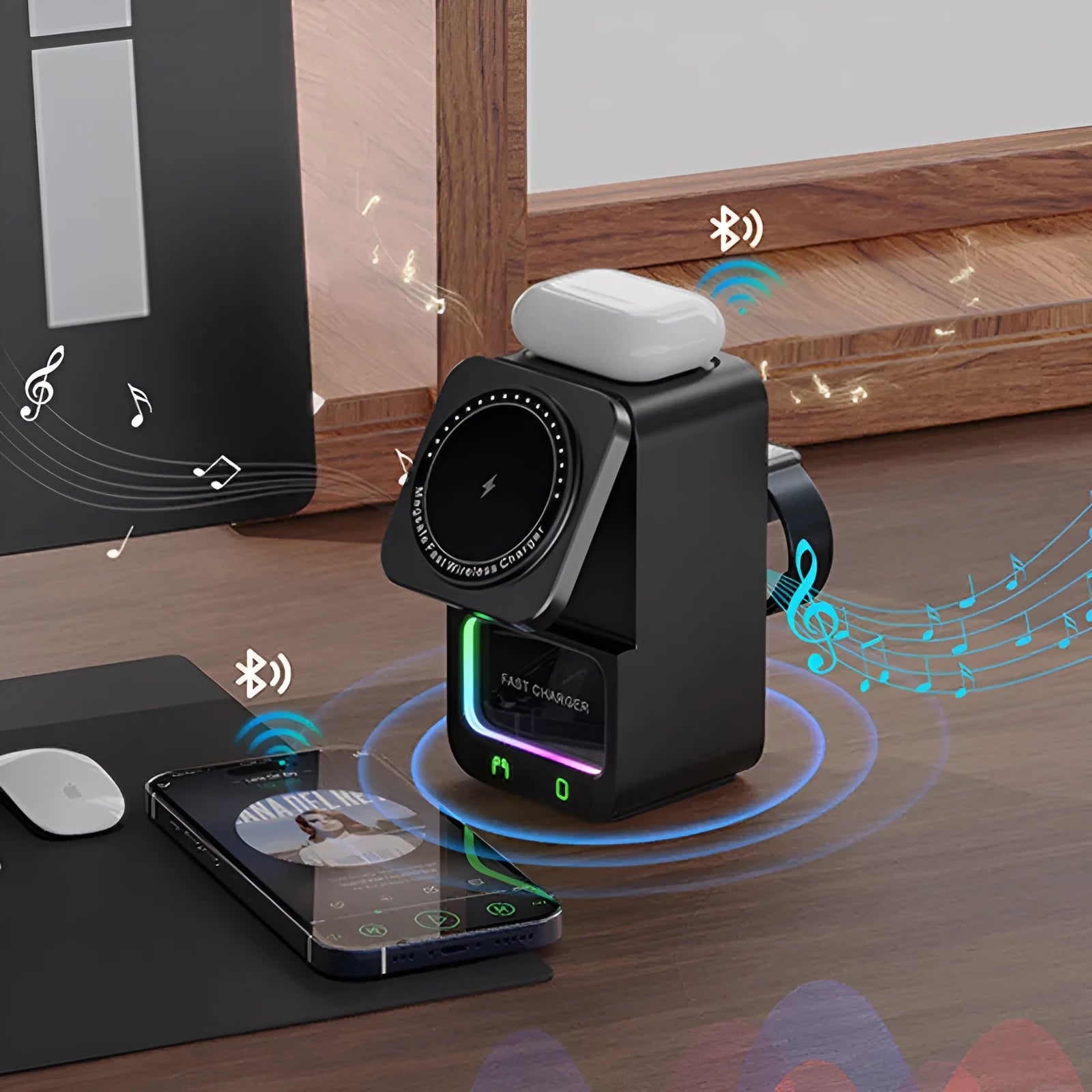 White and black Bluetooth speaker with wireless charging pad showing QC3.0 fast charge capability