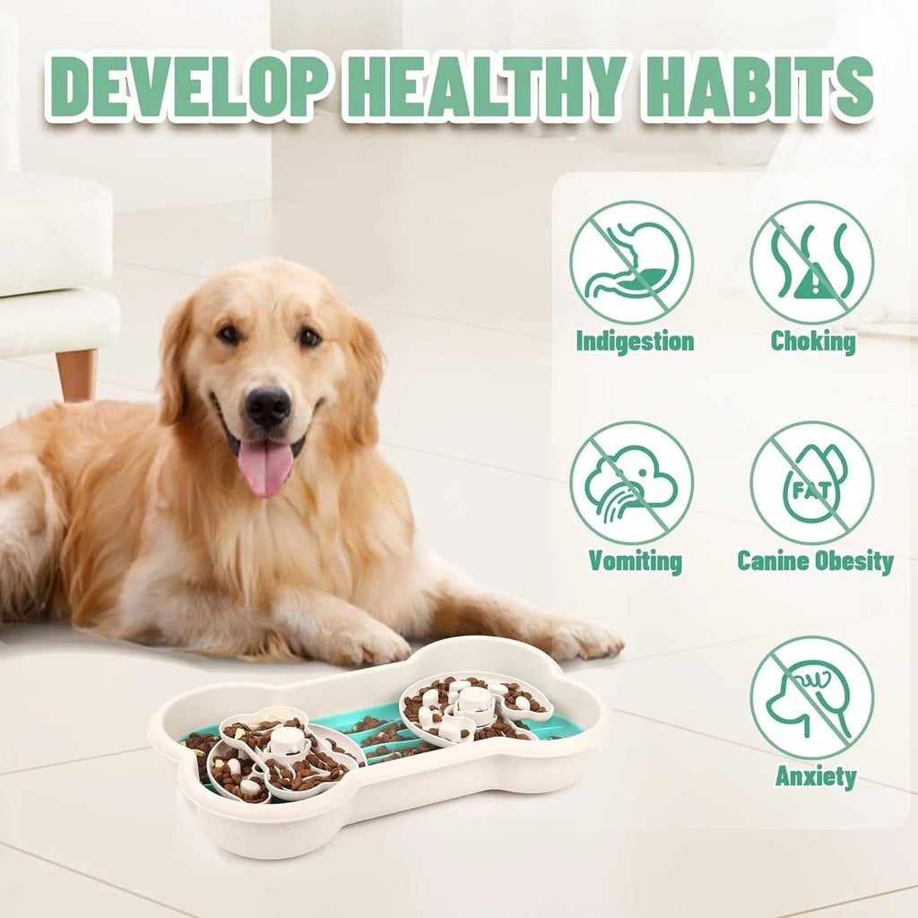 Large green slow feeder dog bowl with three rotating puzzle trays and non-slip suction cups on base