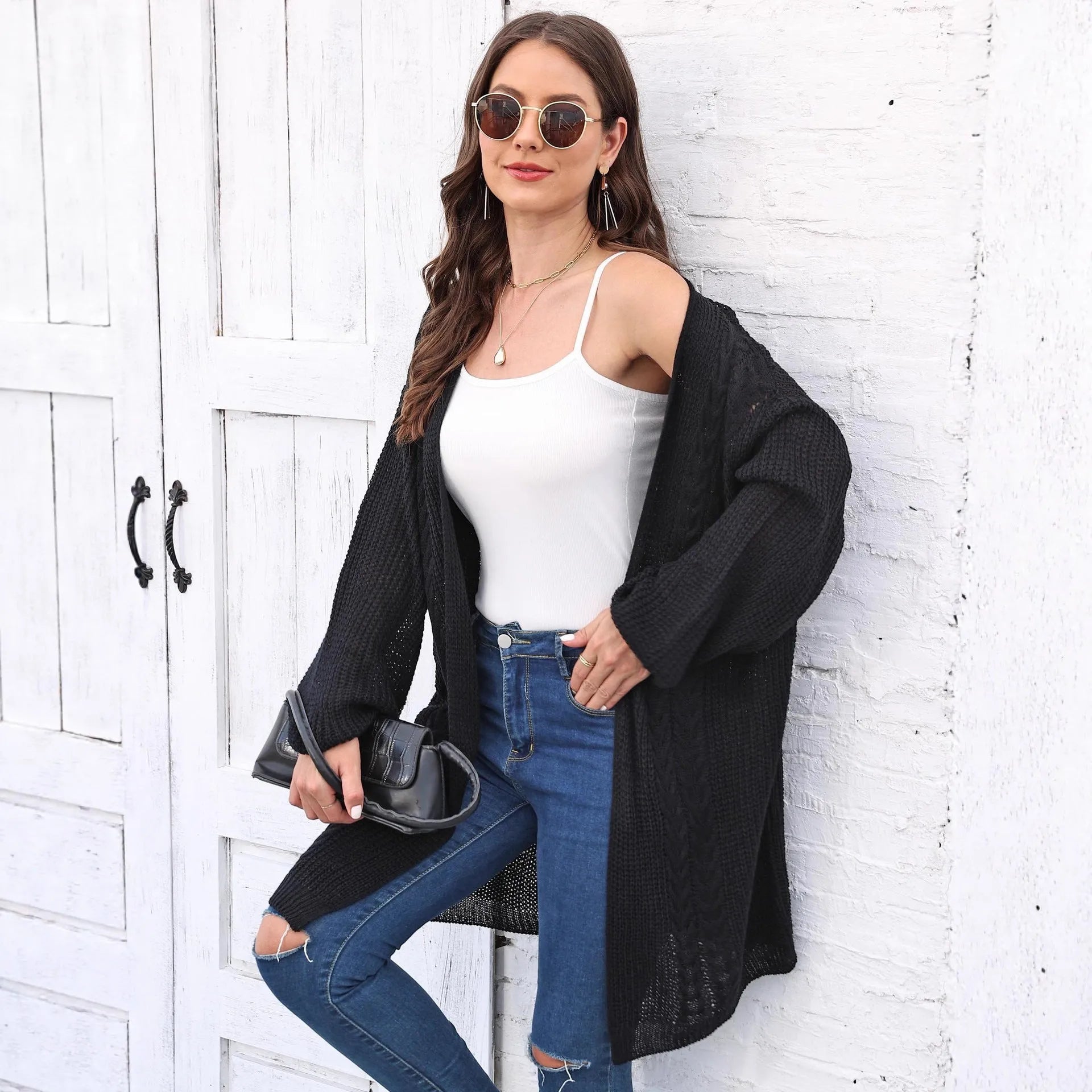 Women's loose-fit acrylic sweater coat cardigan in army green colour