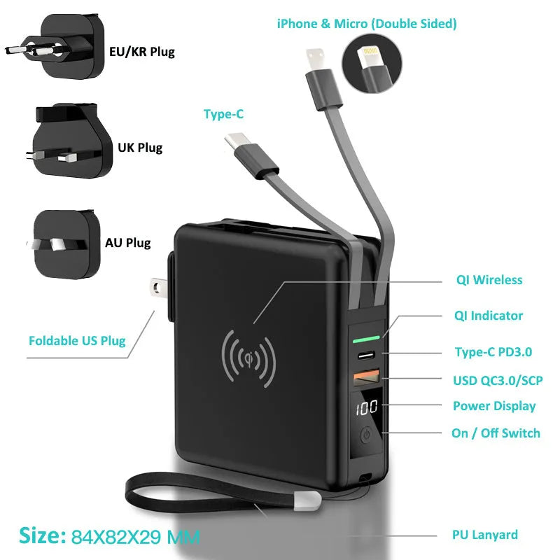Black and white QI wireless charging power bank with PD20W fast charging and international travel plugs