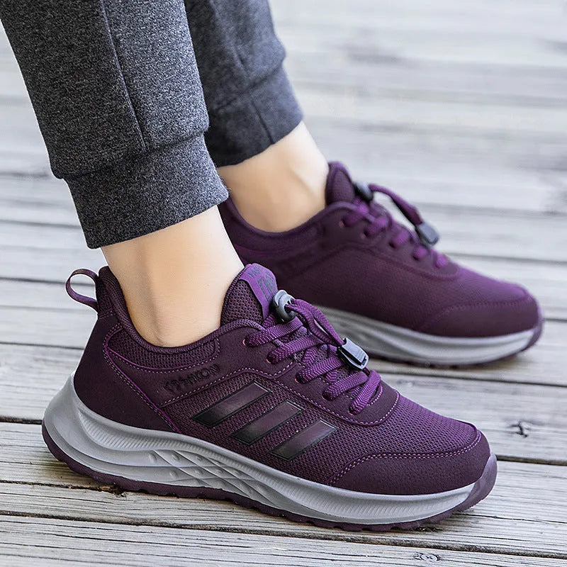 Men's and women's breathable mesh mom shoes with elastic band and non-slip sole in various colours.