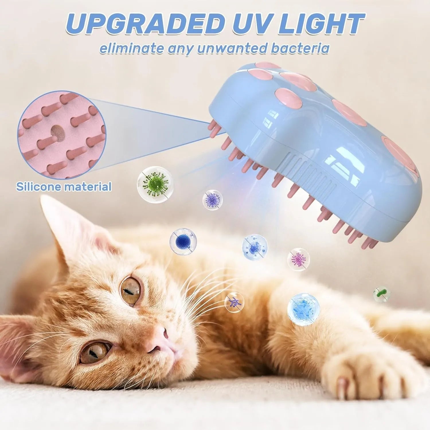 Blue self-cleaning cat steam brush with silicone bristles and a release button for pet grooming.