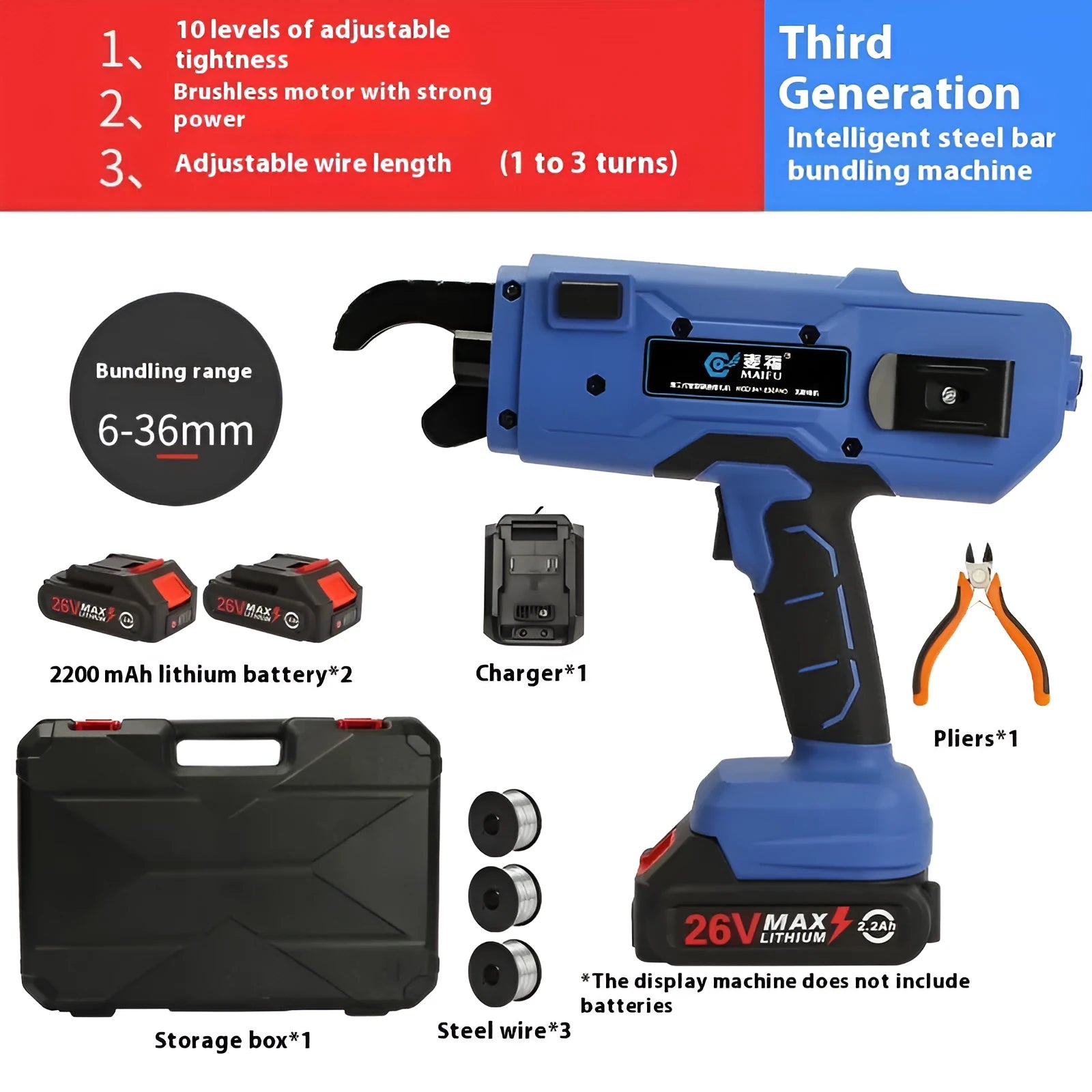 Fully automatic electric steel bar tying machine with battery and charger