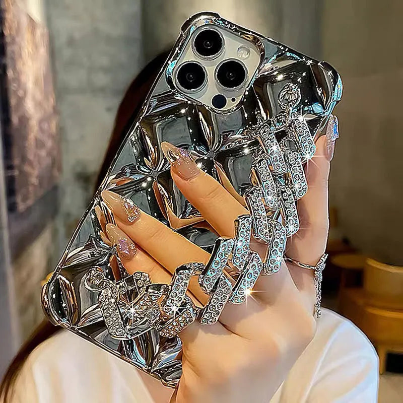 Luxury diamond bracelet phone case for iPhone with gold chain and plated rhombus design