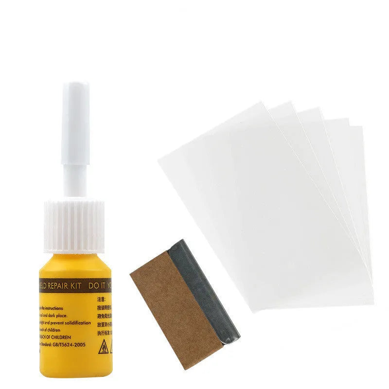 Yellow car windscreen repair kit with three pieces including UV curing resin and injection tools