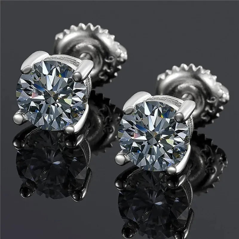 Silver claw set moissanite stud earrings with screw back, showing geometric stone.
