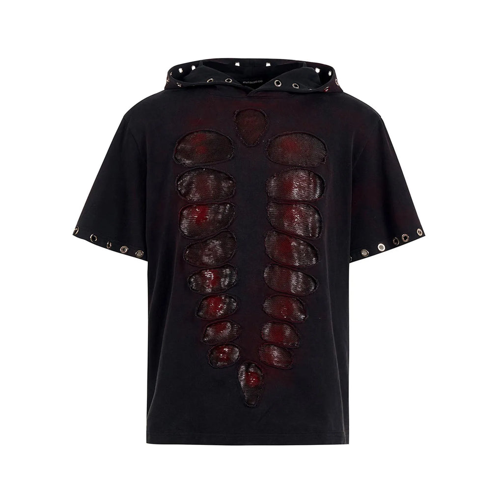 Black men's short sleeve t-shirt with hood and sequin detailing in loose fit style