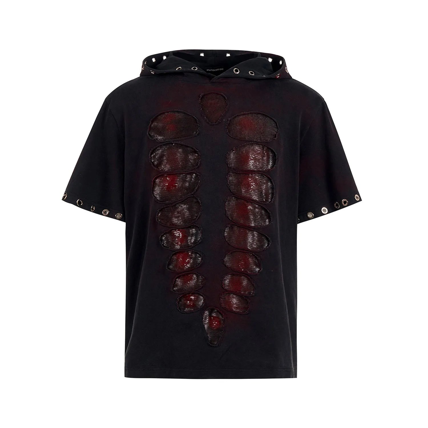 Black men's short sleeve t-shirt with hood and sequin detailing in loose fit style