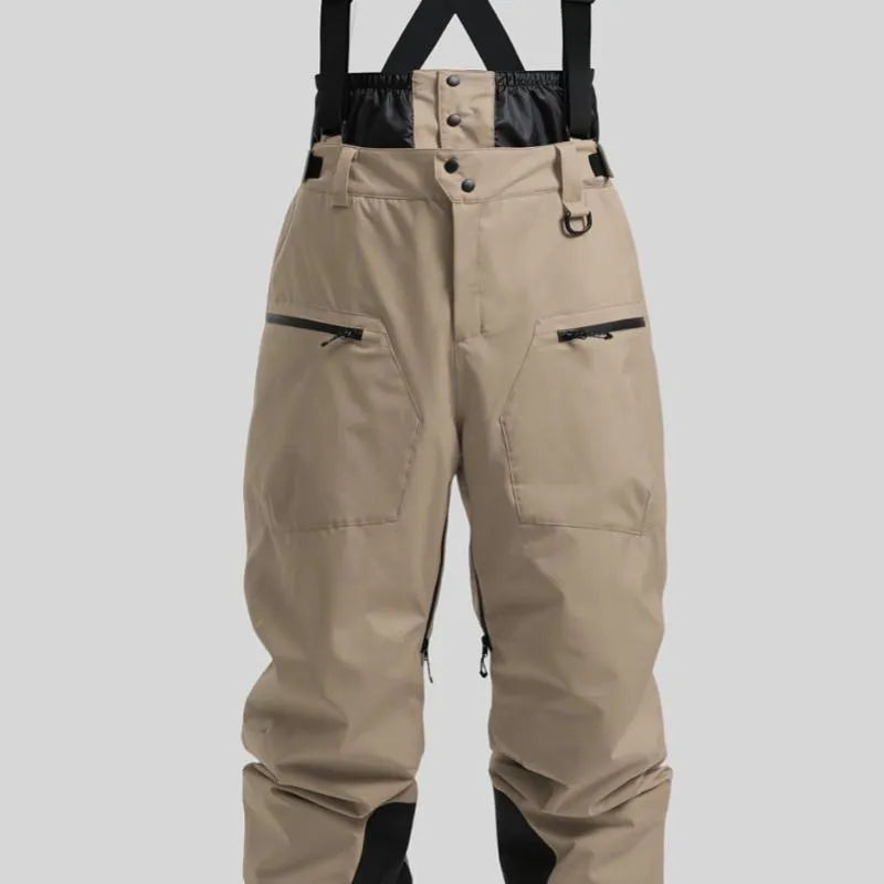 Men's waterproof ski pants with thickened straps in black, brown, khaki, or navy blue