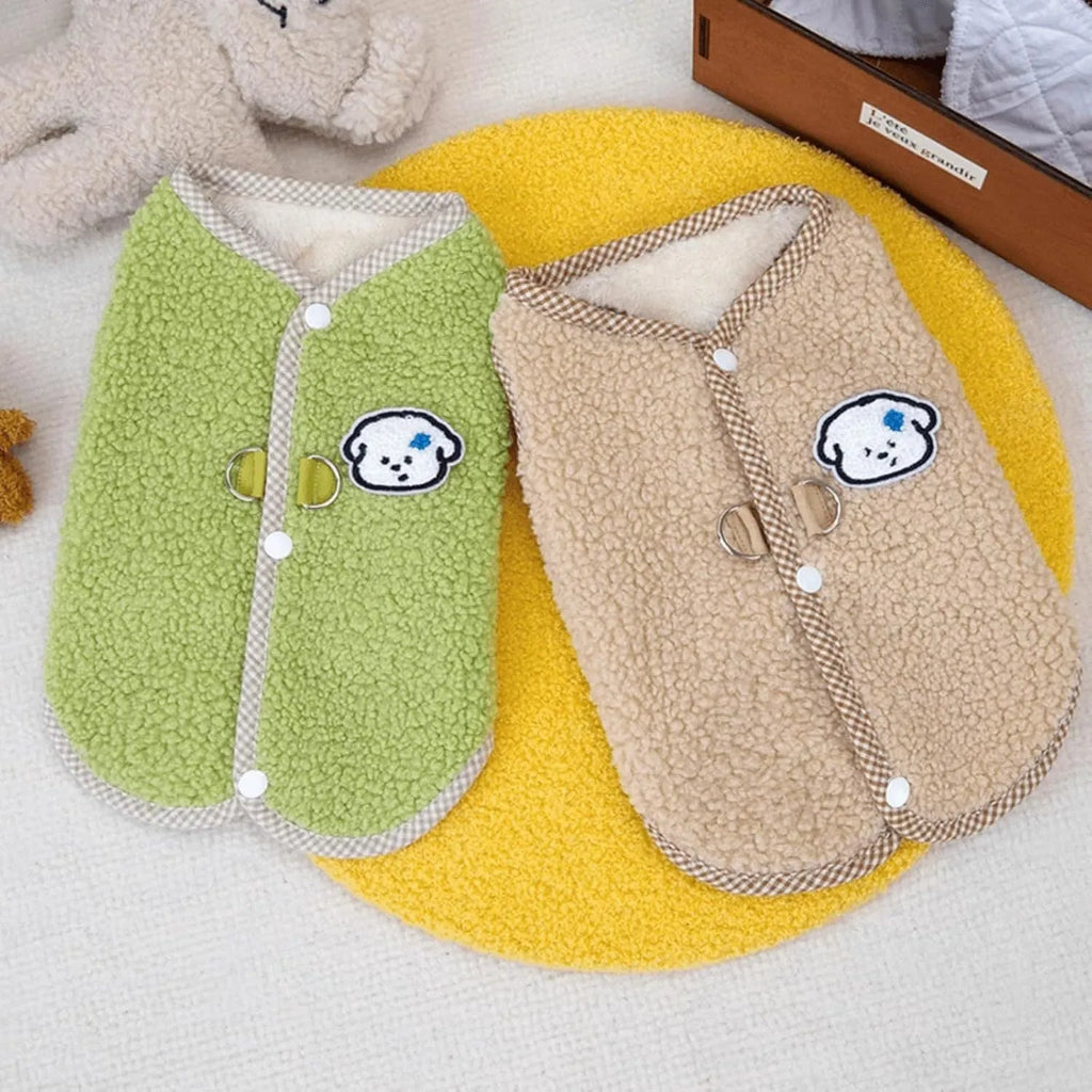 Green thickened coral fleece dog sweatshirt vest with a metal leash ring on the back