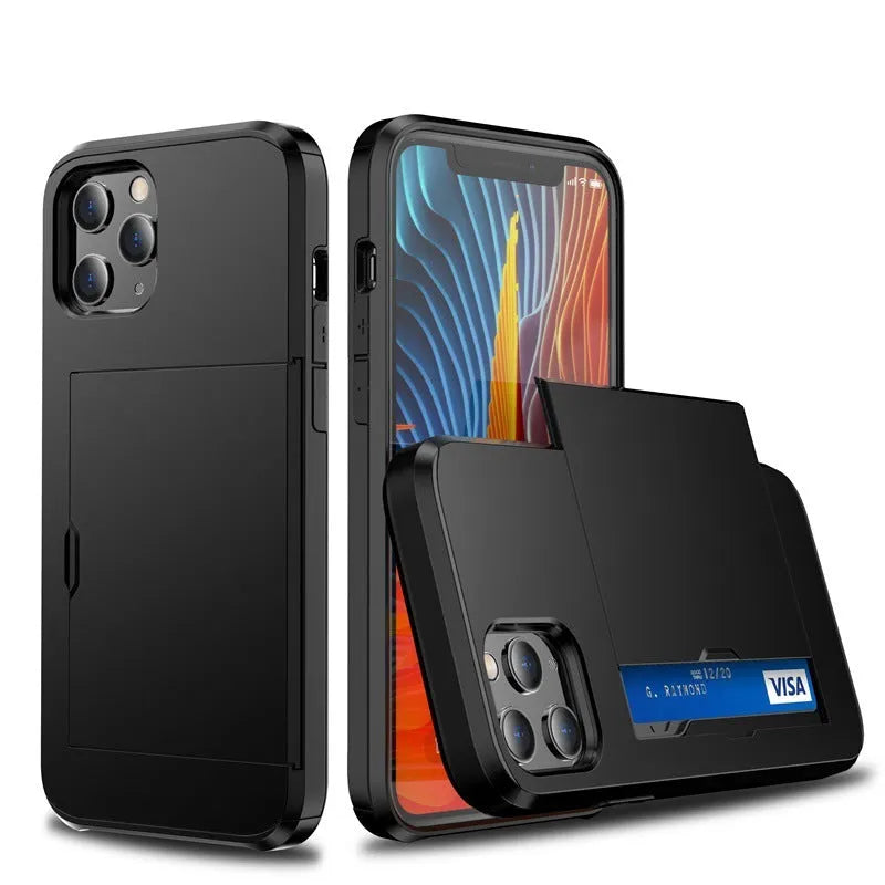 iPhone 13 mobile phone wallet case with sliding card cover in multiple colour options