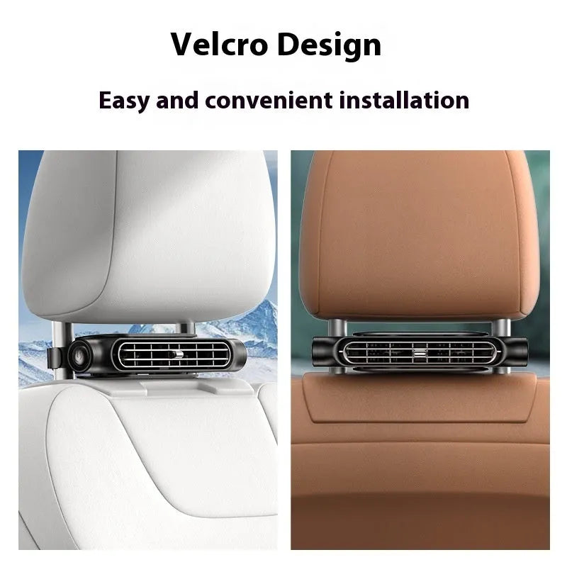 USB car seat fan with no blades, showing Velcro strap and control button, in beige colour.