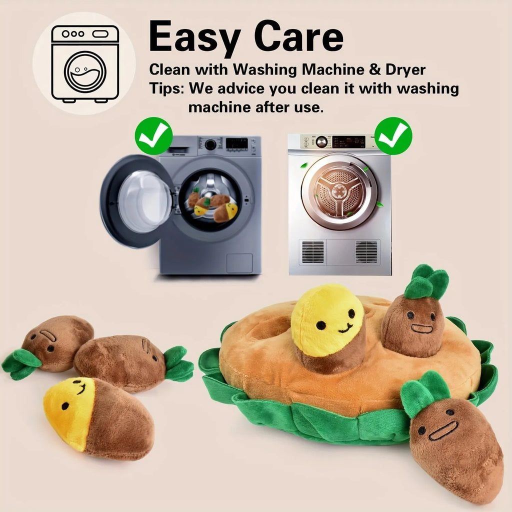 Yellow interactive dog puzzle toys with removable squeaky plush on durable polyester slow feeder play pads