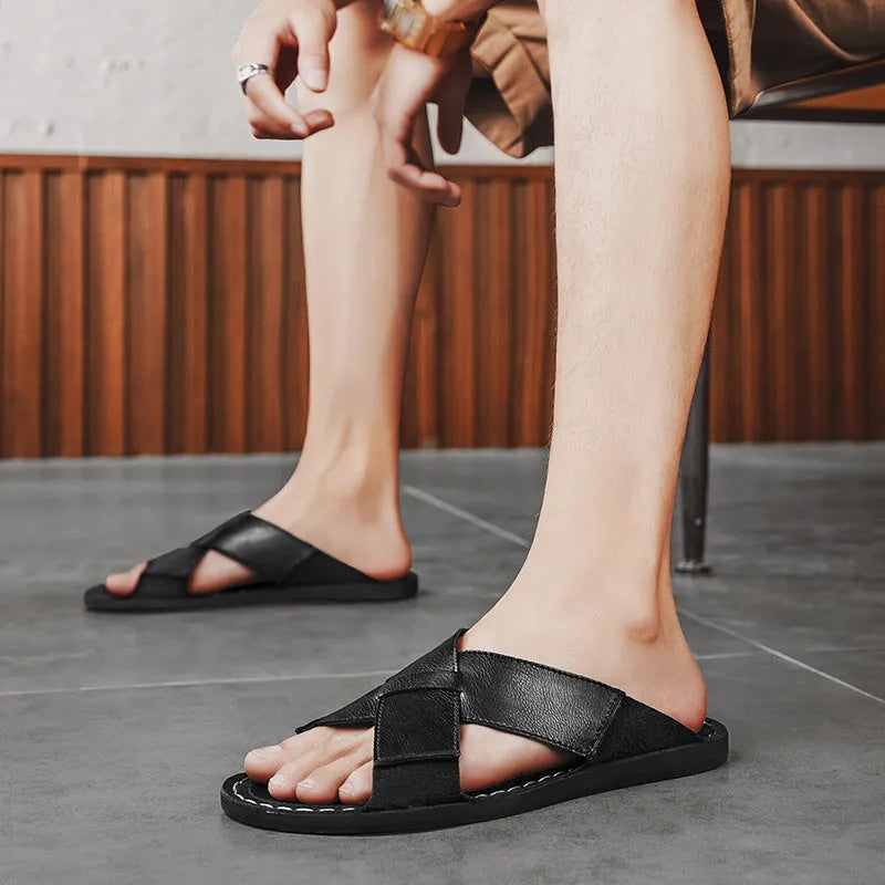 Men's black genuine leather slip-on sandals with frosted finish and sewn rubber sole