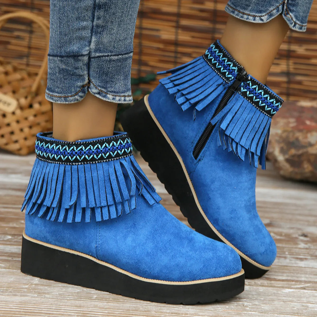 Women's suede wedge ankle boots with side zip and waterproof platform in three colour options
