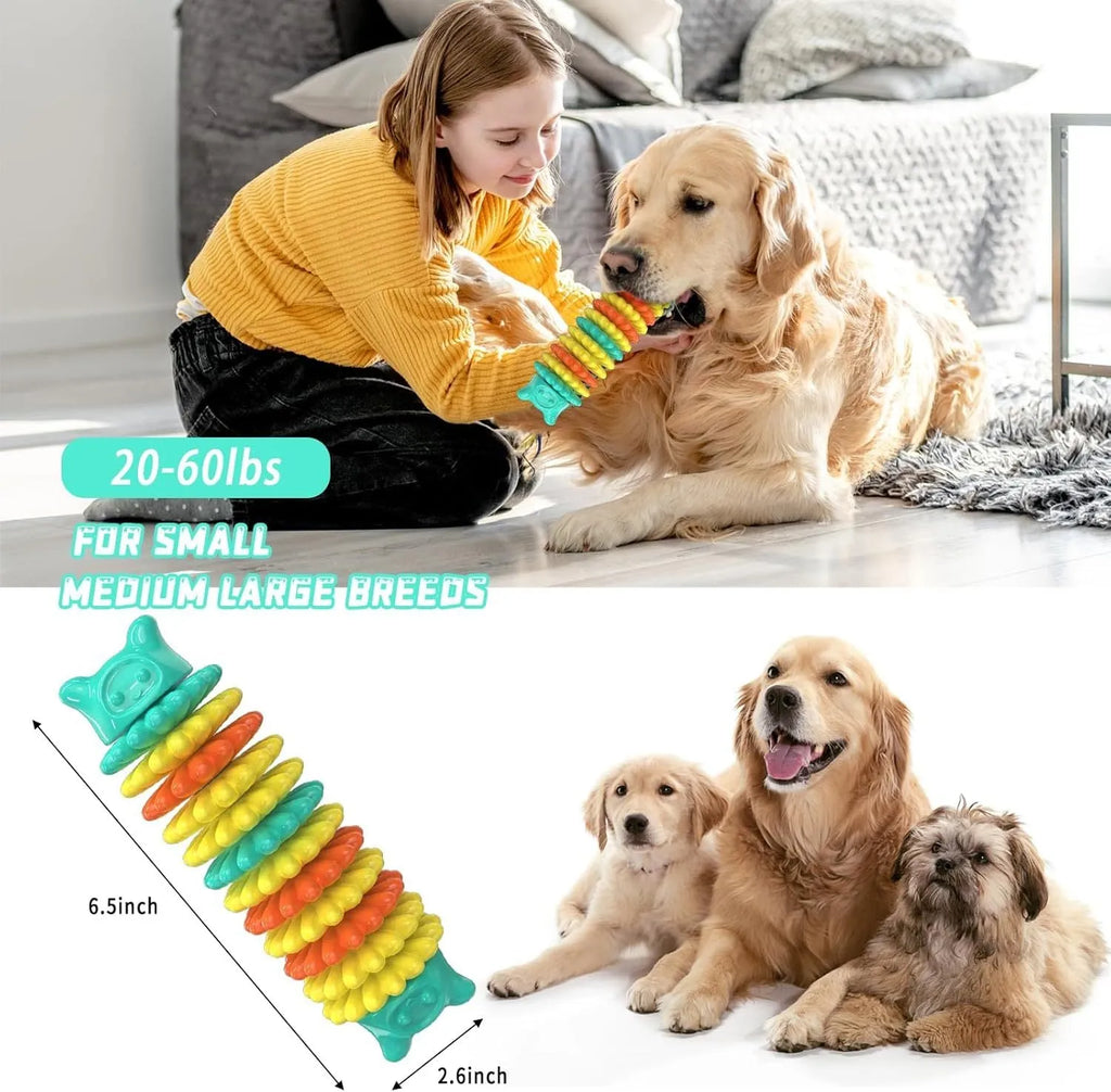 Blue rubber caterpillar-shaped dog chew toy for aggressive chewers on a plain background
