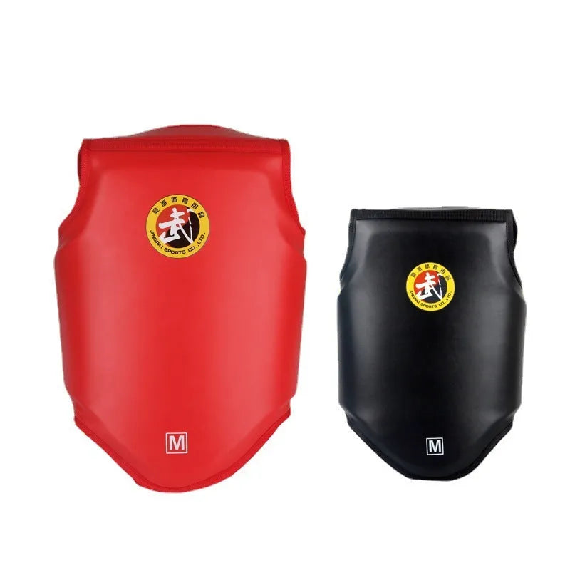 Red boxing helmet and chest protector set with one-piece design for training