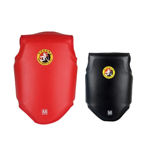 Red boxing helmet and chest protector set with one-piece design for training