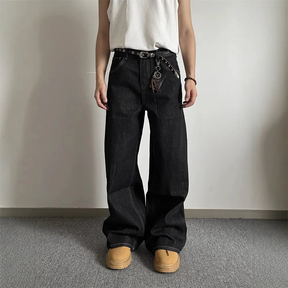 Black retro loose wide-leg jeans with straight-leg style and mid waist design