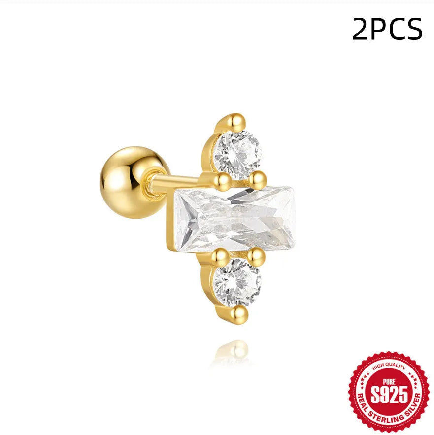 S925 sterling silver square gravel stud earrings with red flower design in golden electroplated finish