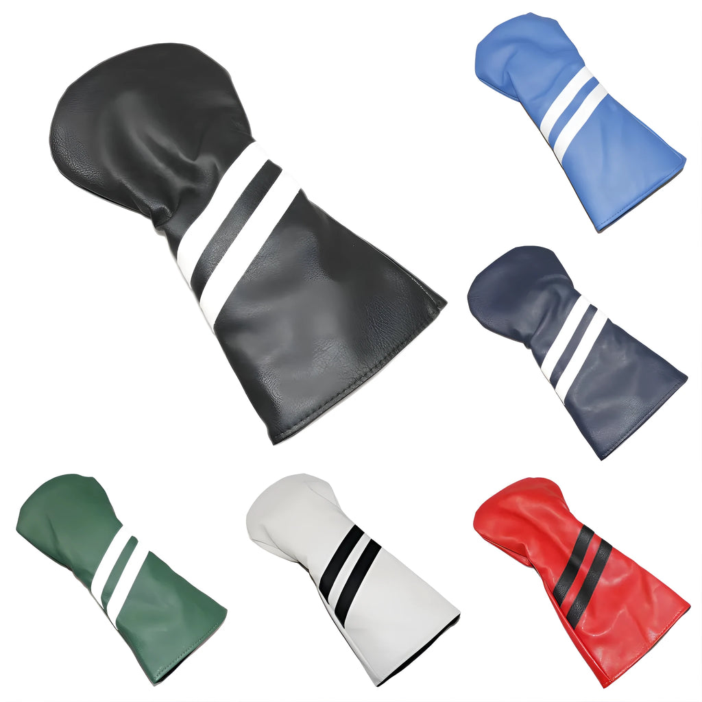 A golf club head cover with two diagonal stripes, shown in one of six available colours.