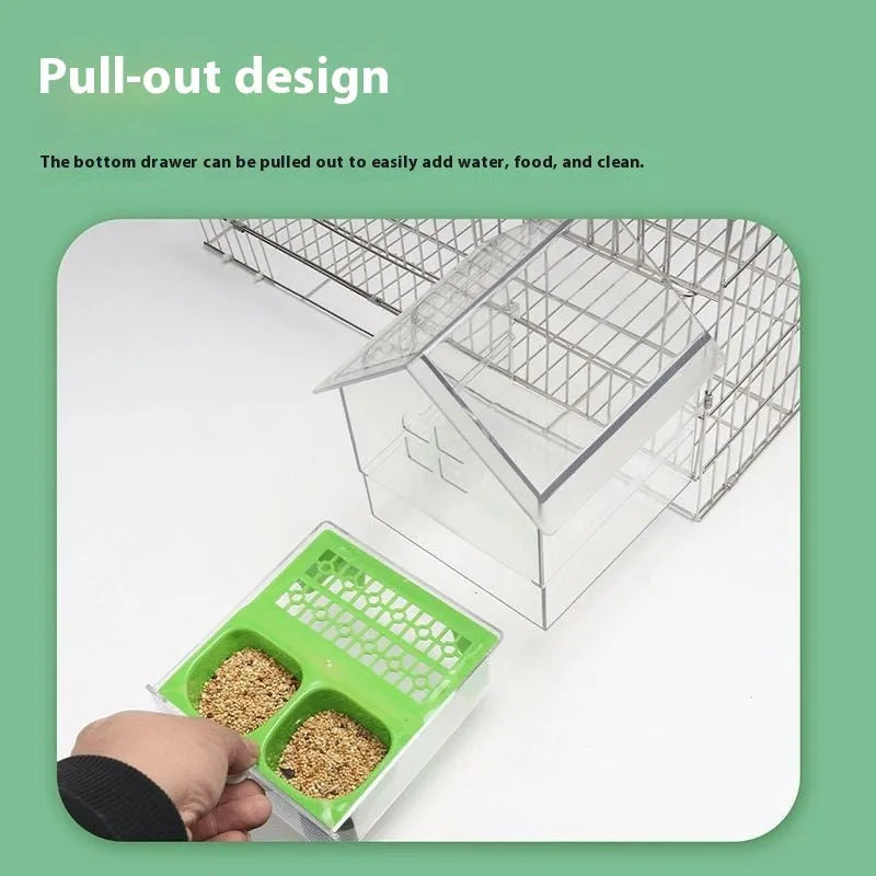 Transparent plastic roof feeder for birds with green and white colour options on outdoor surface