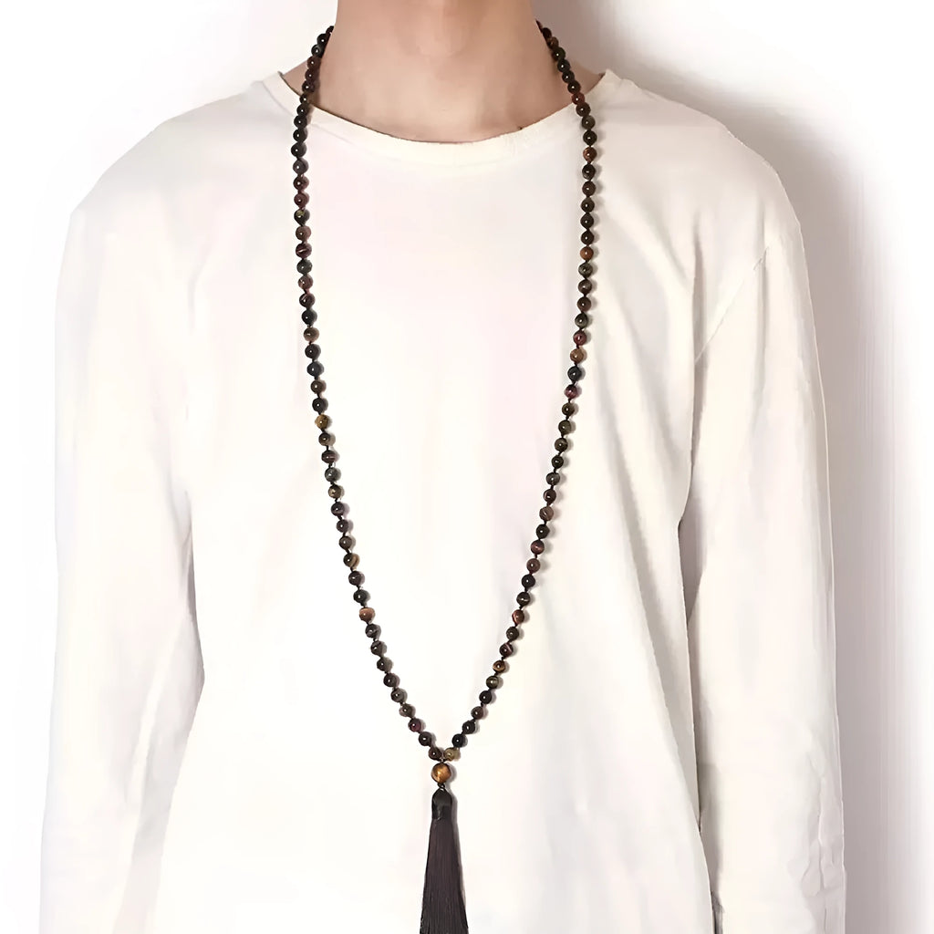 Geometric agate tassel necklace in a choice of ten colours including blue stone and amethyst, shown at full 95-100cm length.