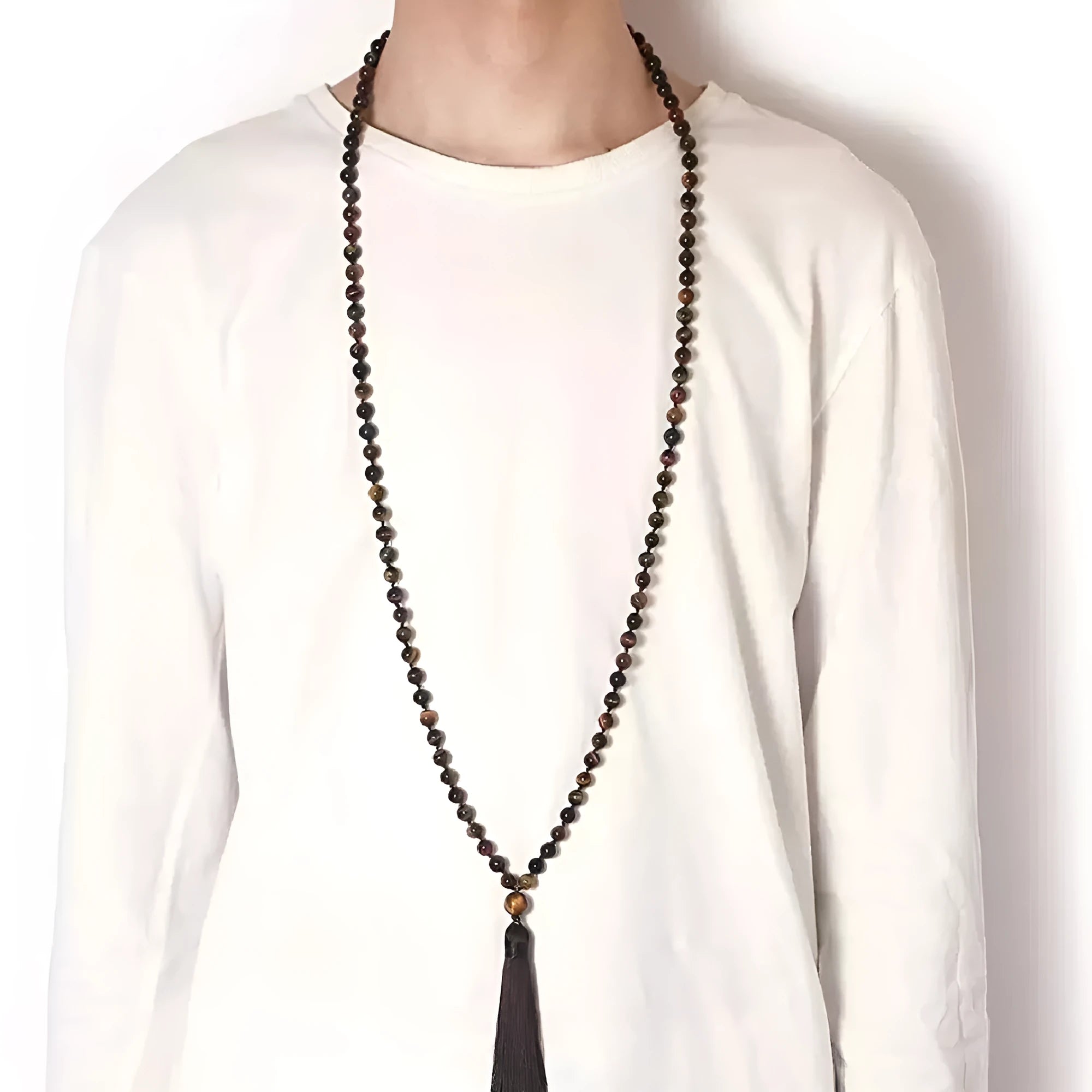 Geometric agate tassel necklace in a choice of ten colours including blue stone and amethyst, shown at full 95-100cm length.